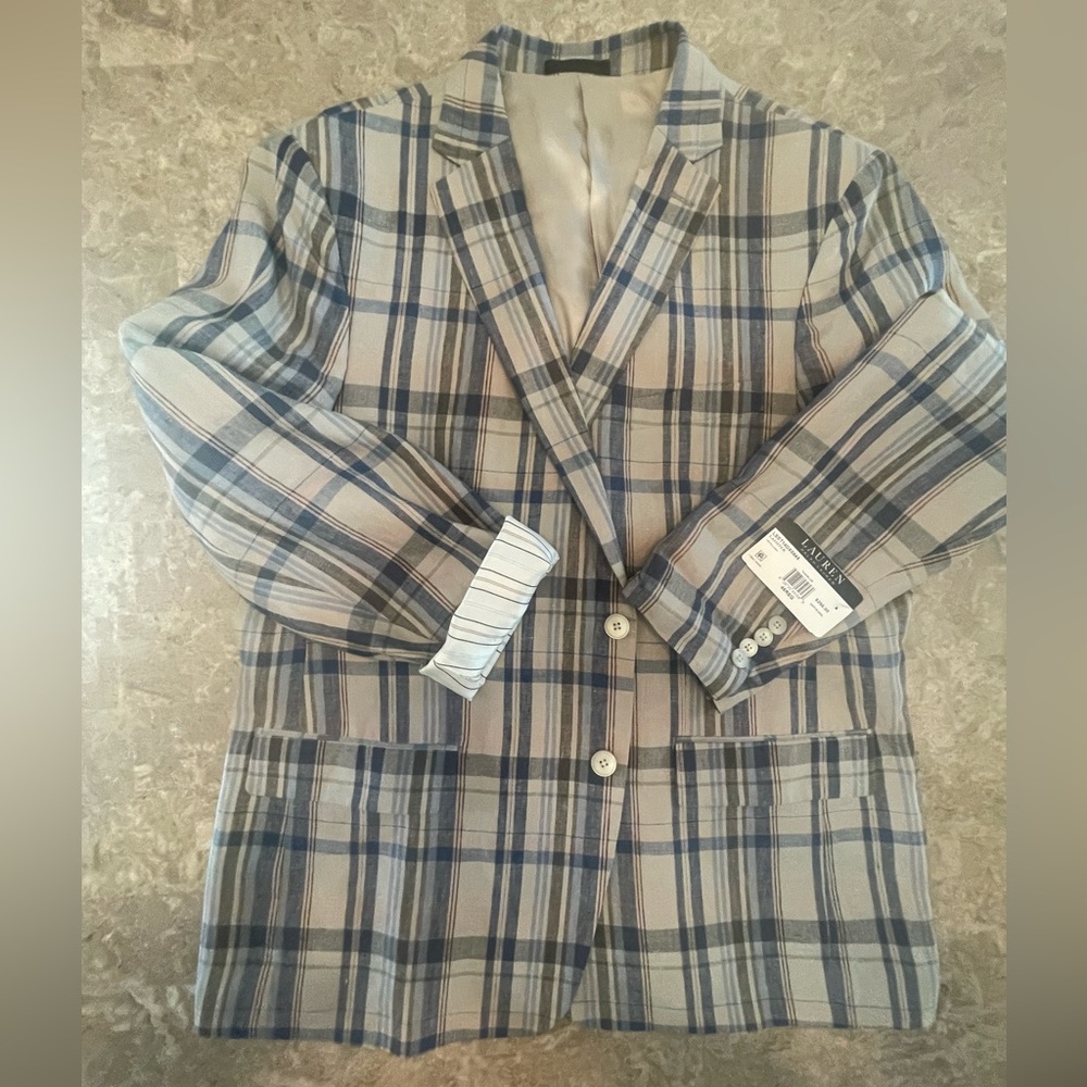 Ralph Lauren Linen Jacket Tan/Blue Plaid 48R